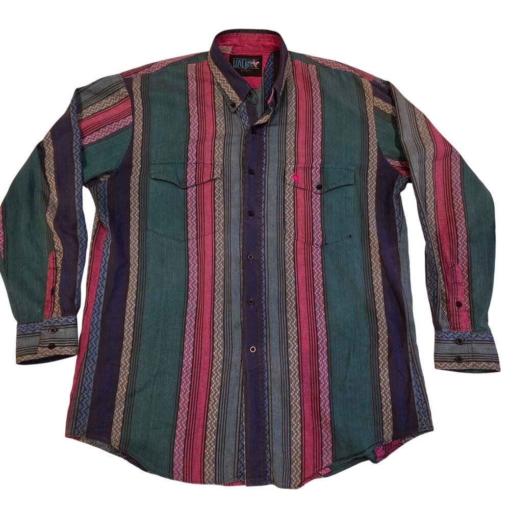 Vtg 90s Lone Roo by Roper Aztec Southwest Stripe Pearl Snap Shirt XL